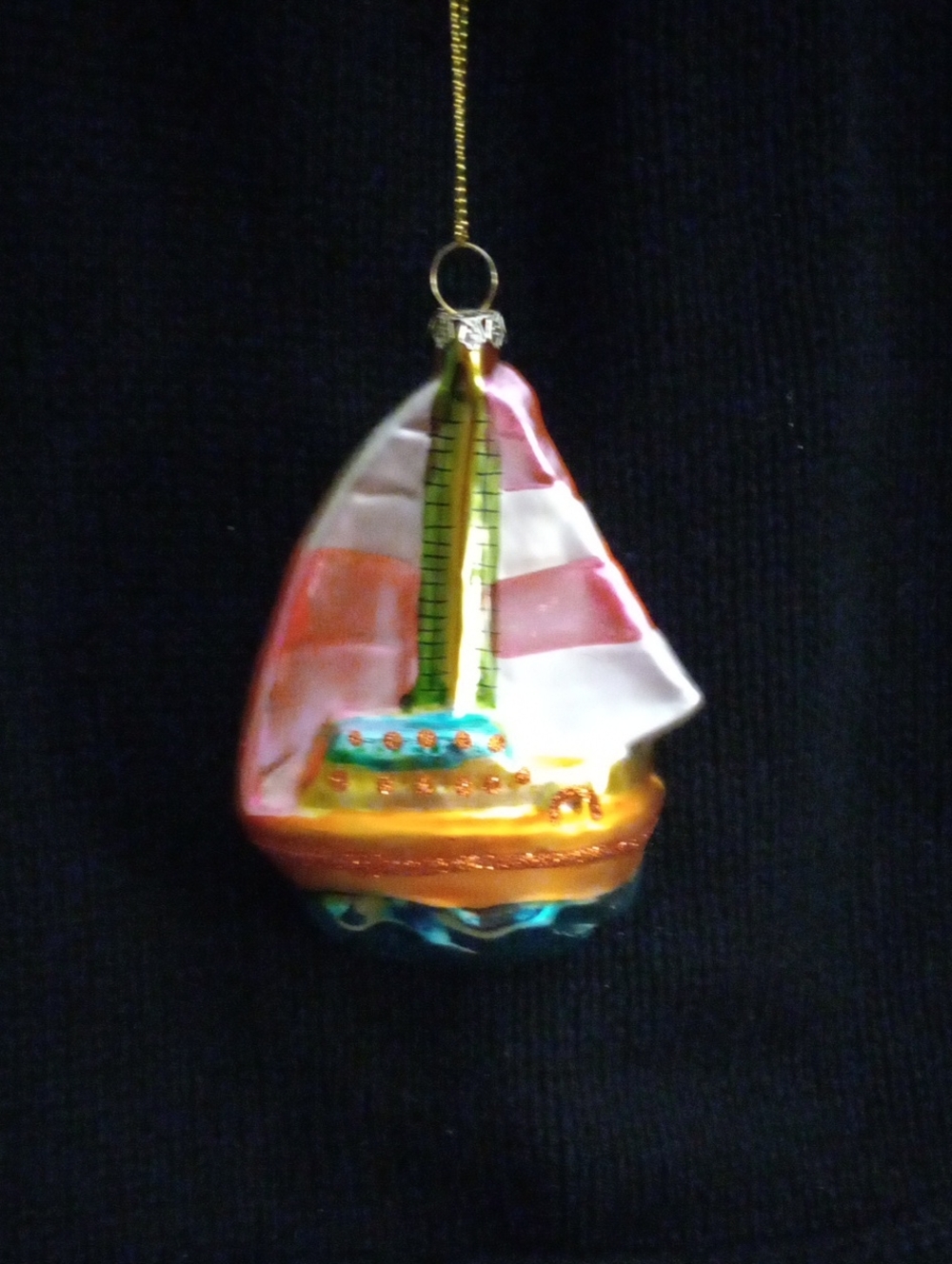 Hand-Painted Glass Sailboat Ornament in Pink, Gold, Blue